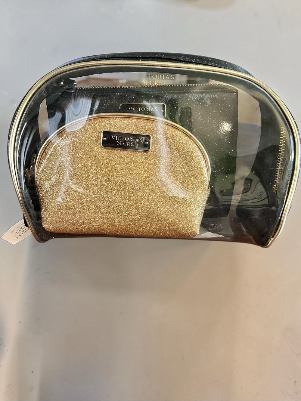 Victoria's Secret 3 Piece Gold Glitter & Black Glitter & Clear Cosmetic Bag Set